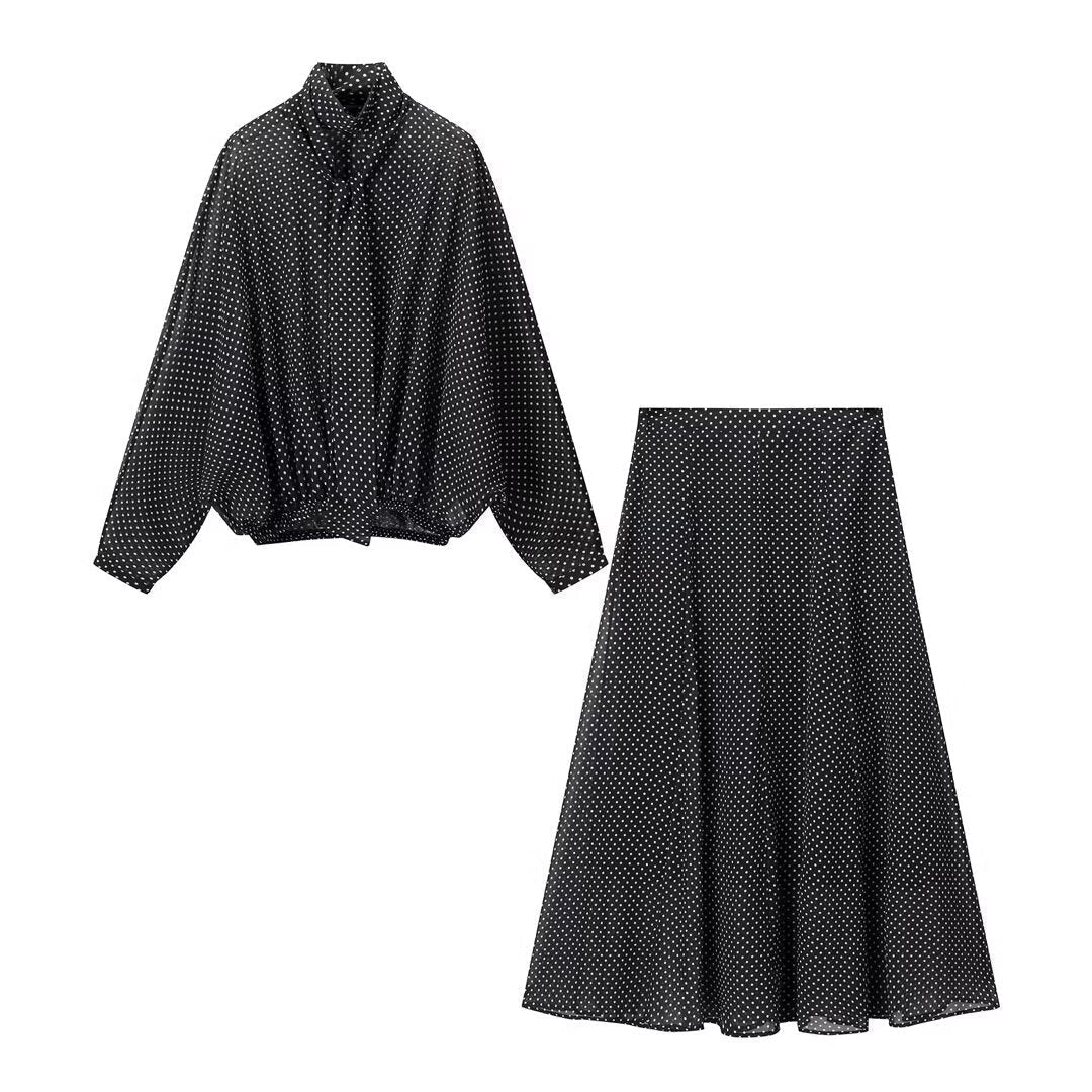 Vintage Polka Chiffon Set - Black