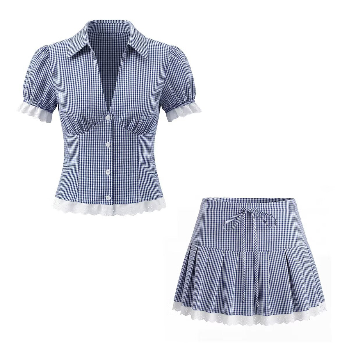 Vintage Gingham Lace Set - Blue