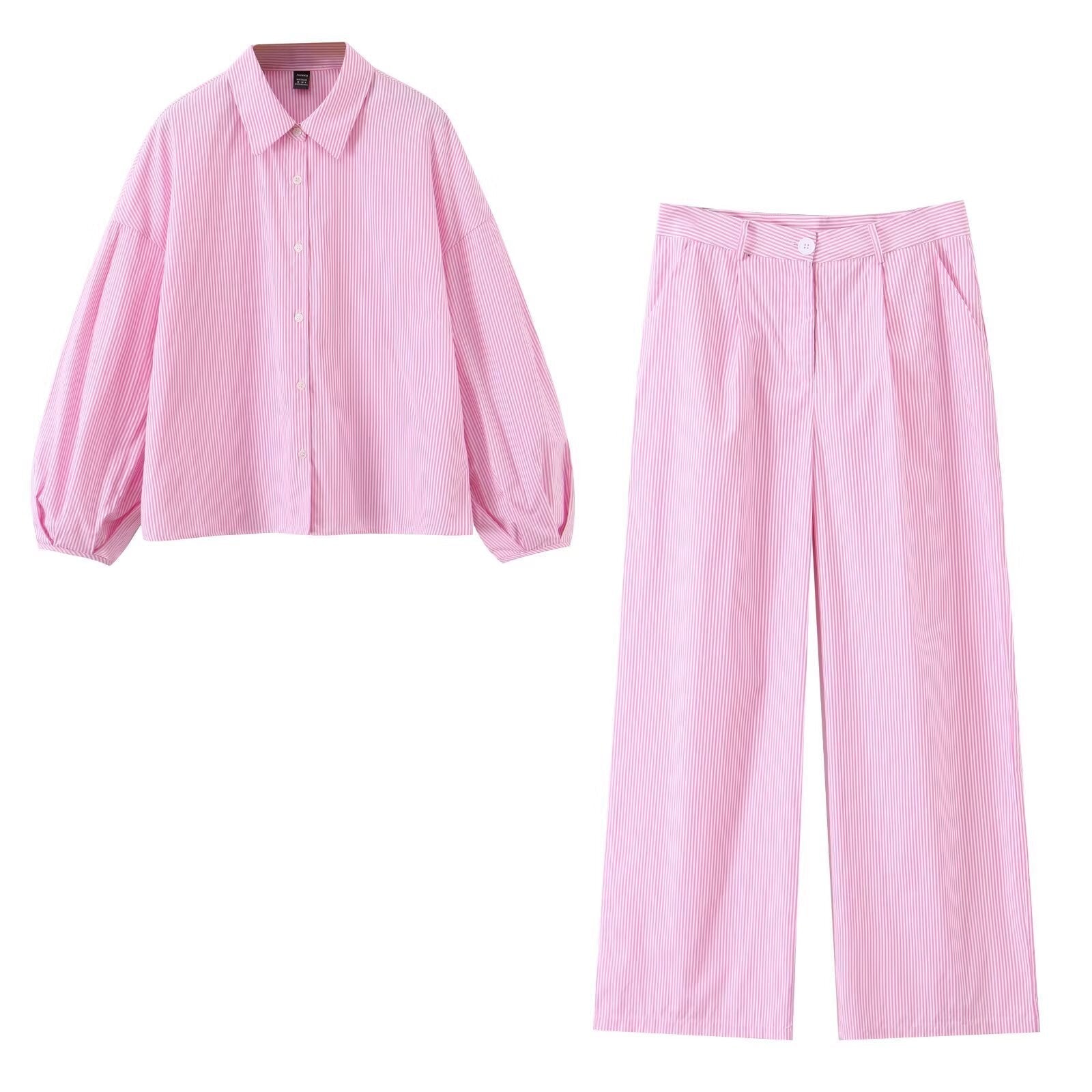 Urban Relaxed Balloon-Sleeve Stripe Set - Pink