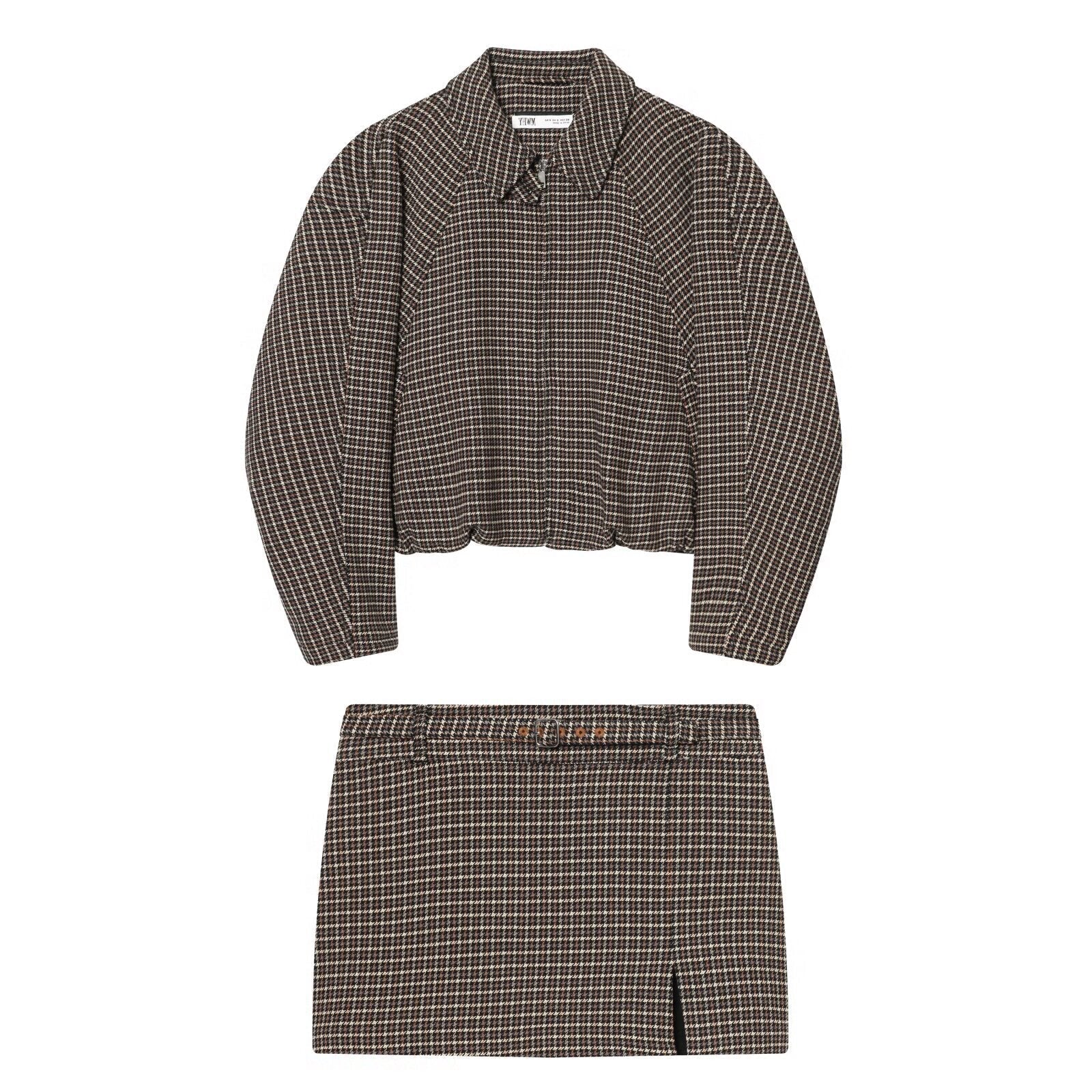 Vintage Houndstooth Cropped Set - Brown