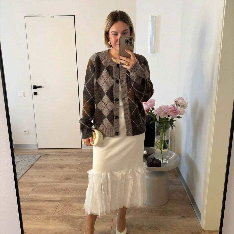 Vintage Argyle-Strickjacke - Braun