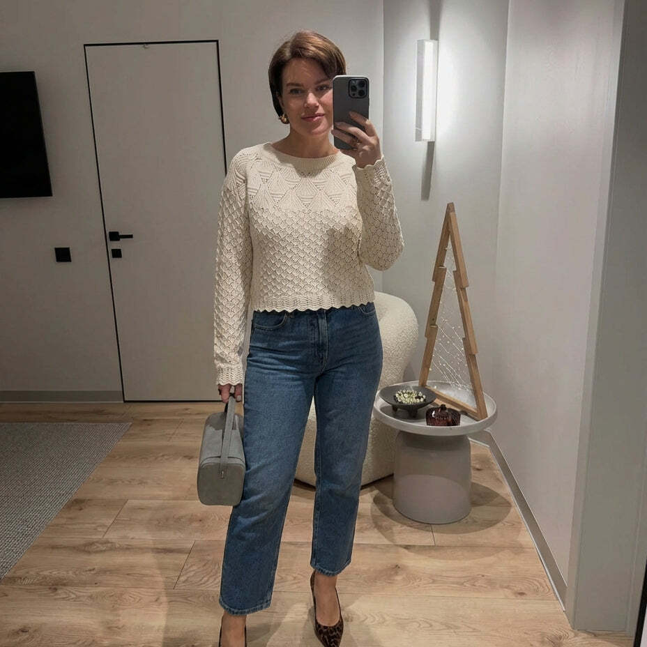 Gehäkeltes Studio-Oberteil mit Wellenmuster – Cremefarben