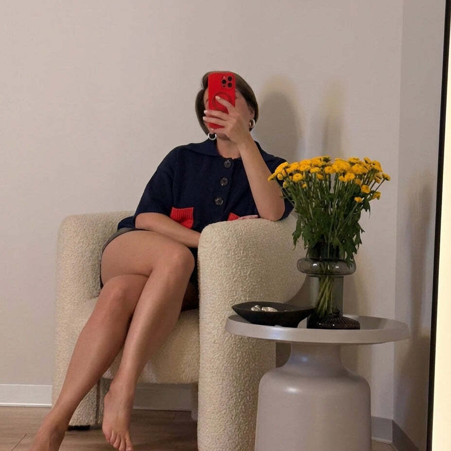 Vintage Color-Block Pullover mit Taschen – Marineblau