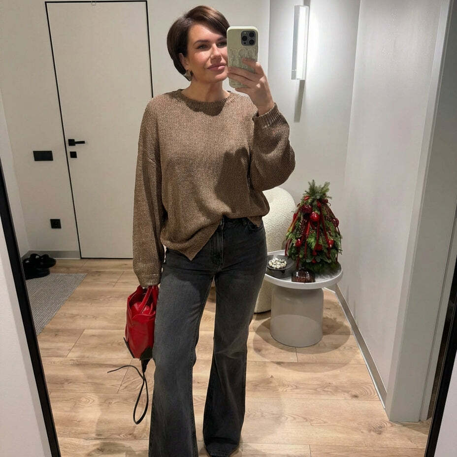 Essentieller Fledermausärmel-Strickpullover – Braun