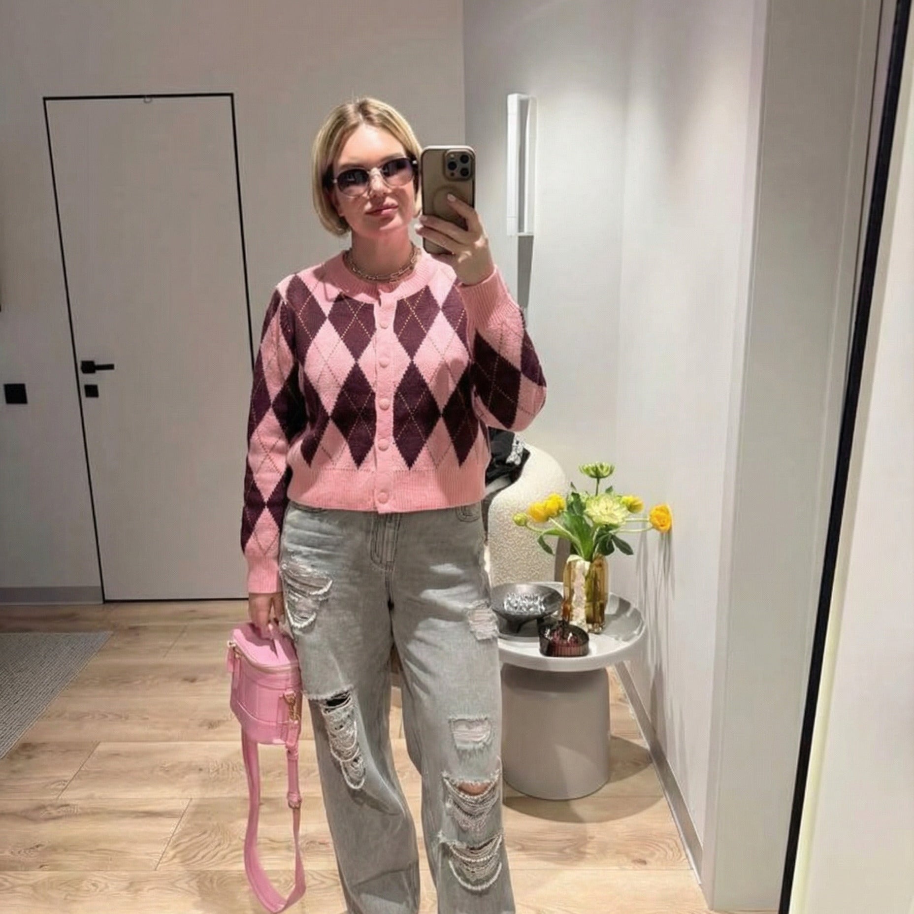 Vintage-Strickjacke mit Argyle-Muster – Rosa