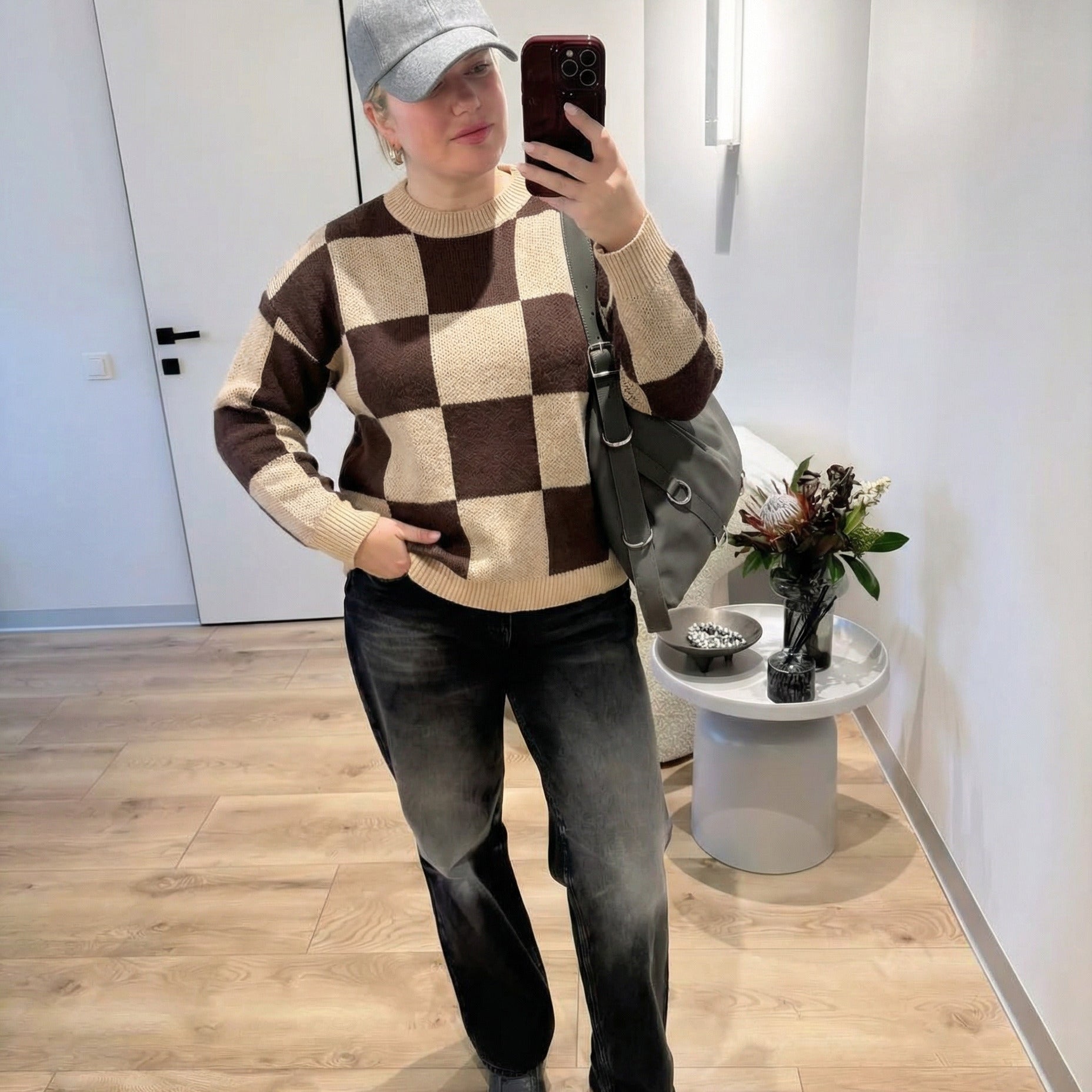 Vintage-Pullover mit Schachbrettmuster – Braun