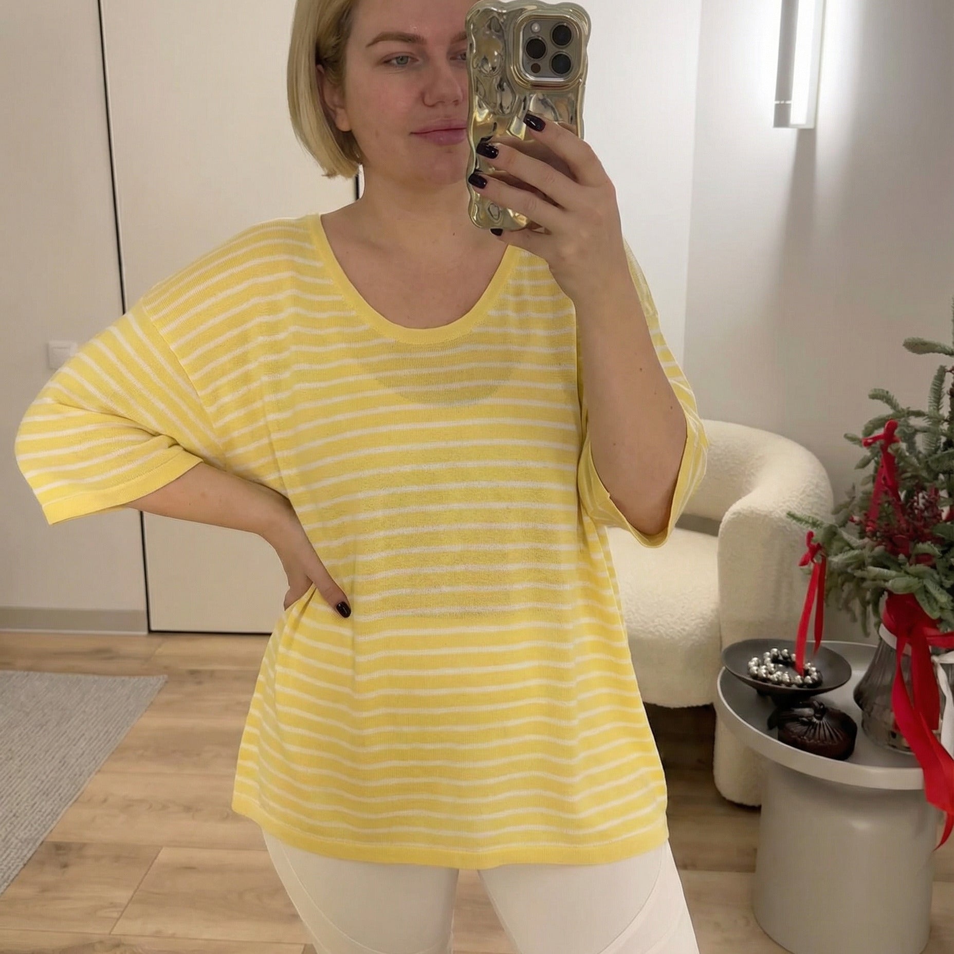 Essential Oversized Stripe V-Neck Top - Yellow