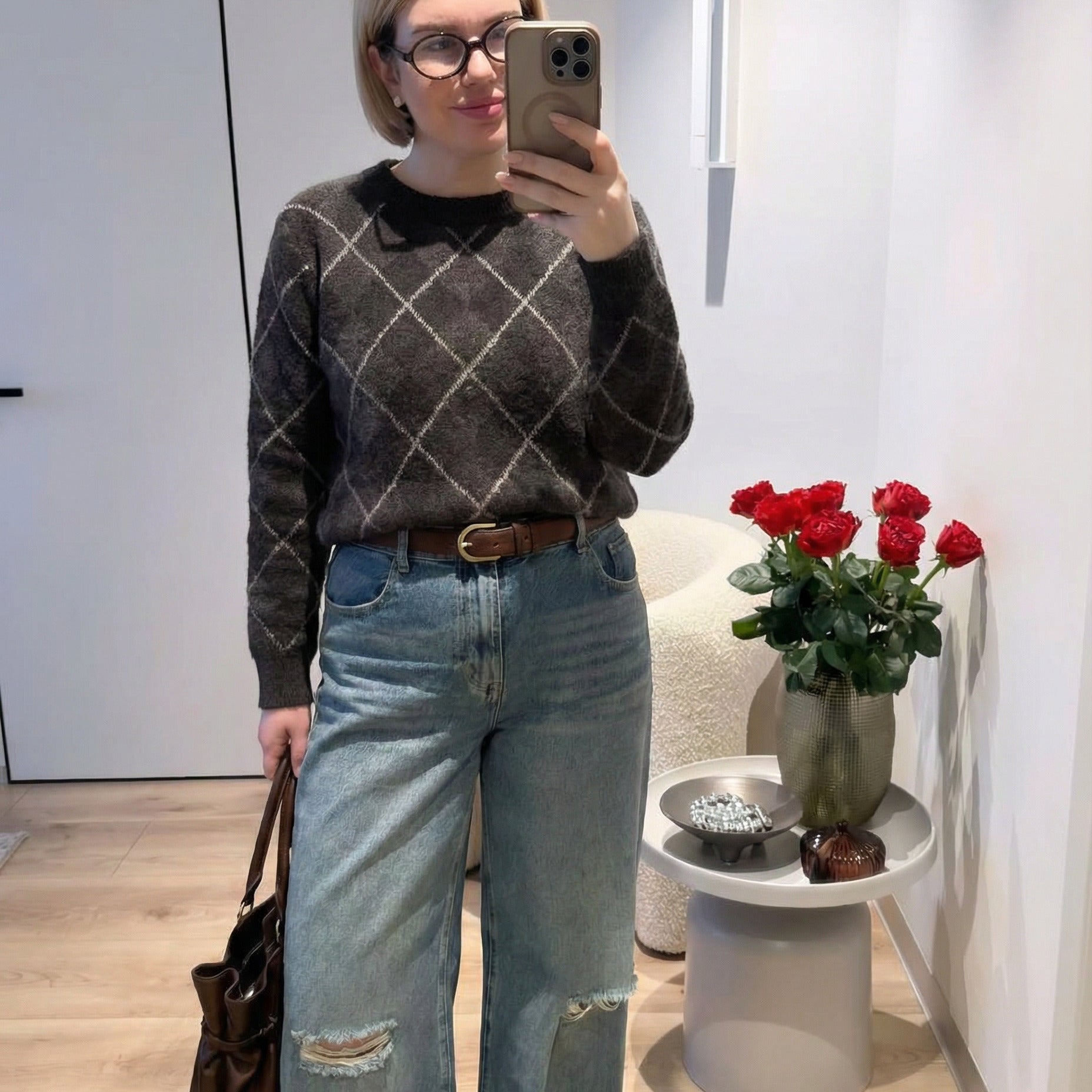 Vintage-Pullover mit Argyle-Muster – Braun