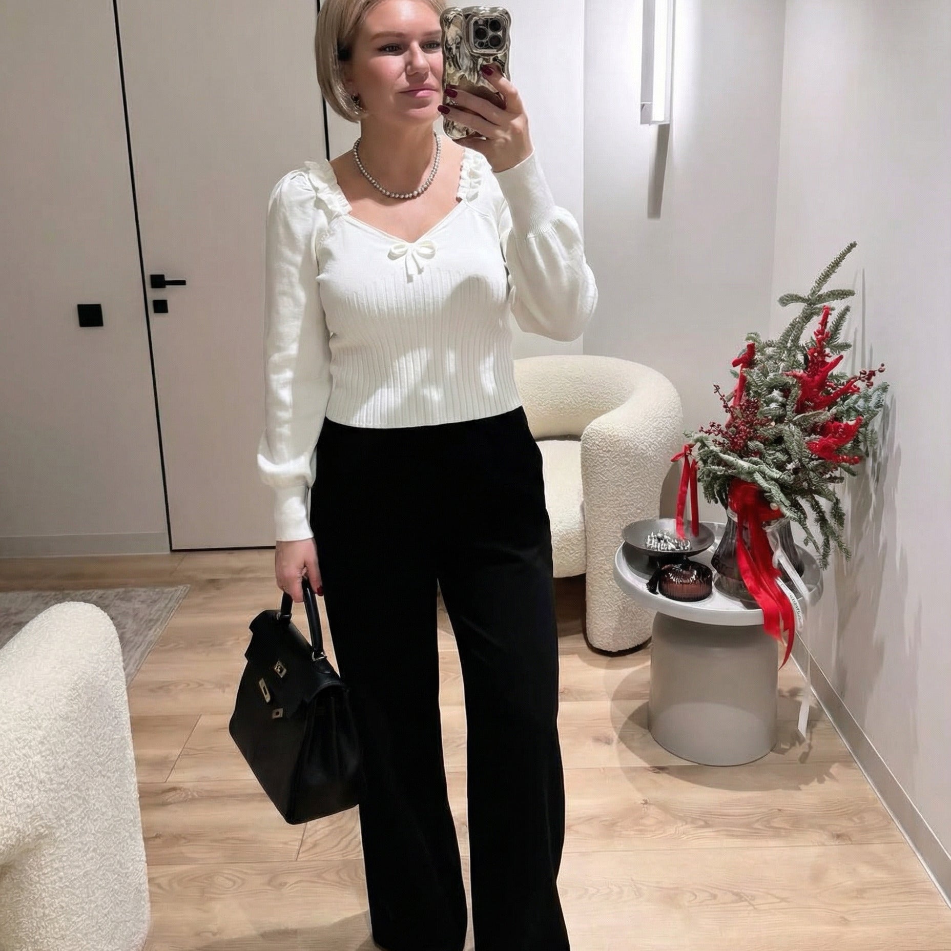 Studio Ruffle-Trim Knit Top - White