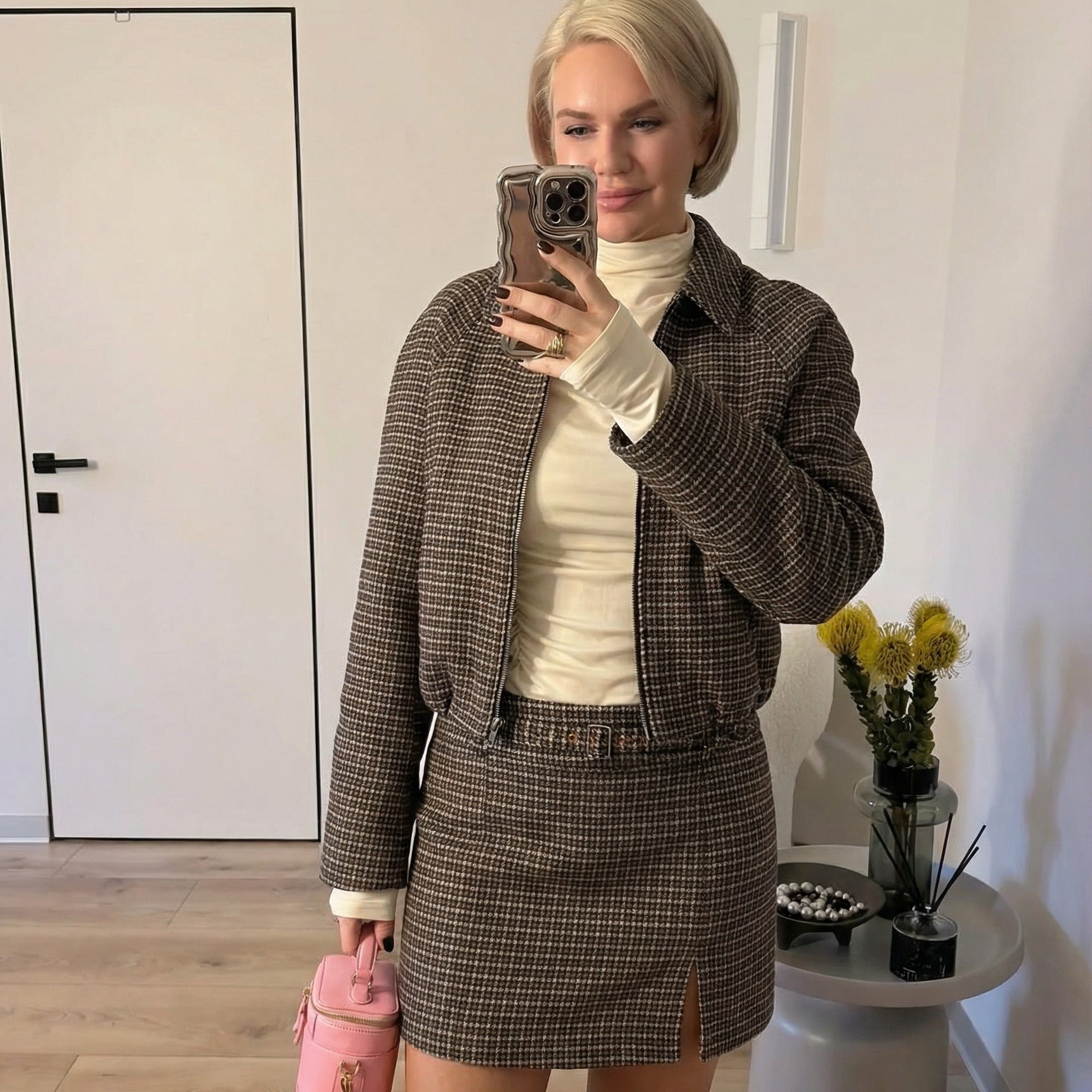 Vintage Houndstooth Cropped Set - Brown