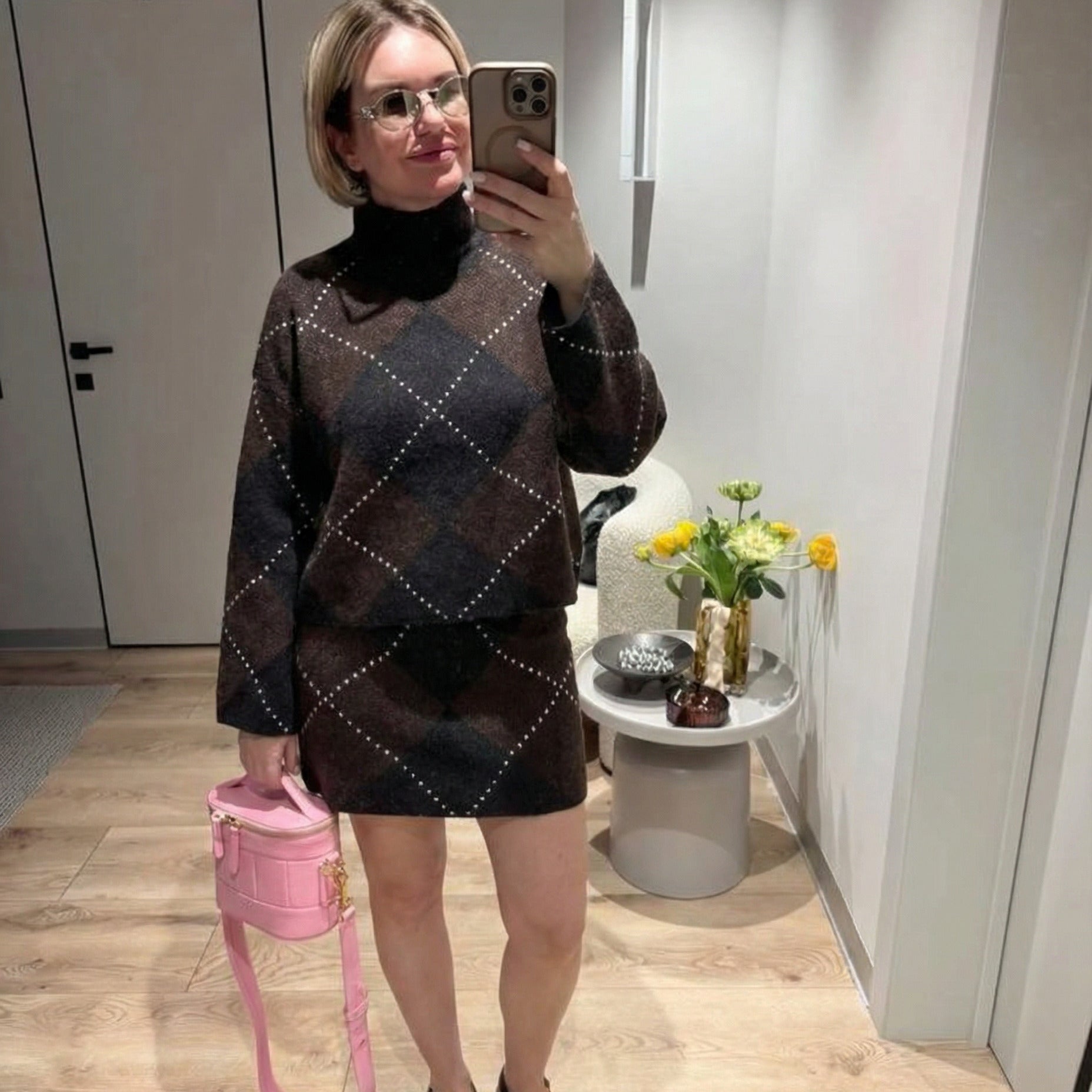 Vintage Argyle Knit Set - Brown