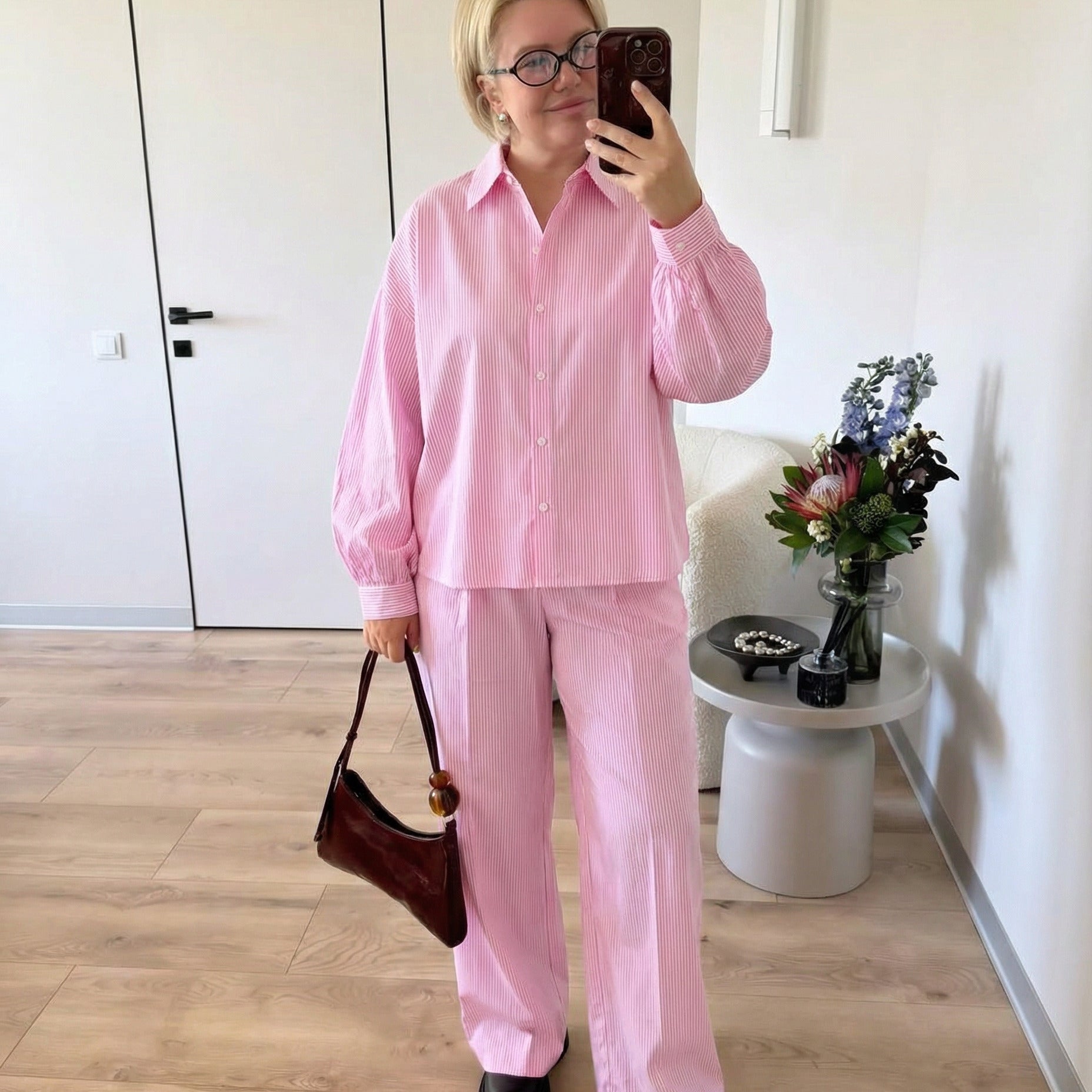 Urban Relaxed Balloon-Sleeve Stripe Set - Pink