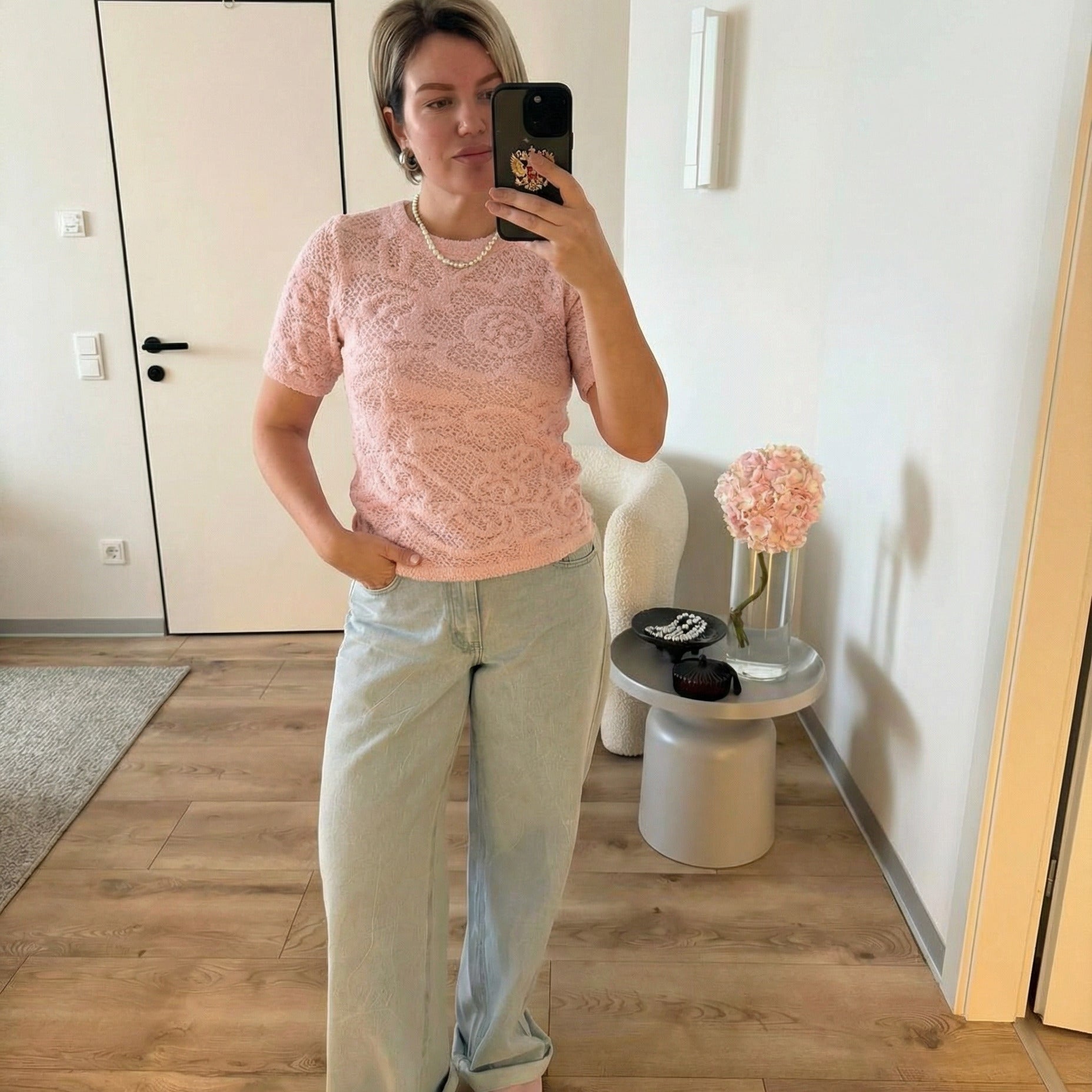 Essential Floral Lace-Knit Top - Pink