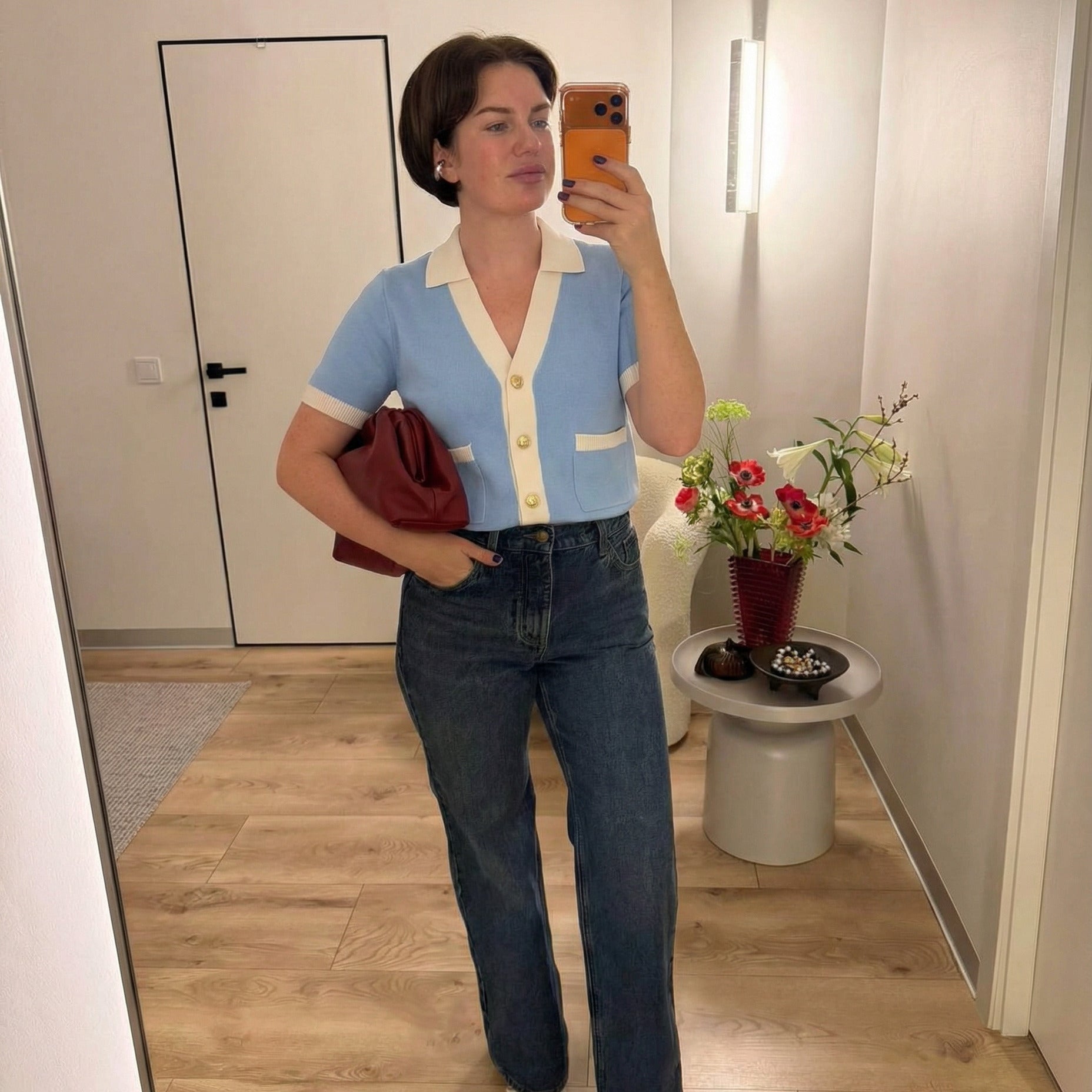 Essential Contrast-Trim Buttoned Top - Blue