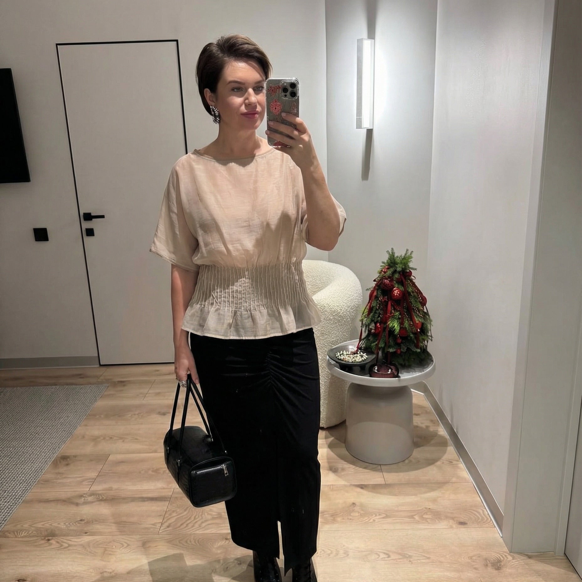 Essential Smocked-Waist Sheer Top - Beige